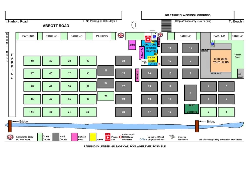 Map of Curl Curl Sports Centre and Youth Club showing numbered netball courts 1–48, Abbott Road parking, buildings, canteen, toilets, and creek bridges.